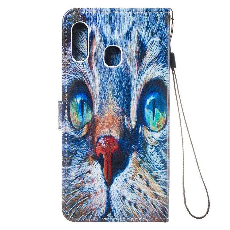 Shock-proof Pattern Printing Wallet Leather Phone Shell with Strap for Samsung Galaxy A20e - Blue Cat Face-4