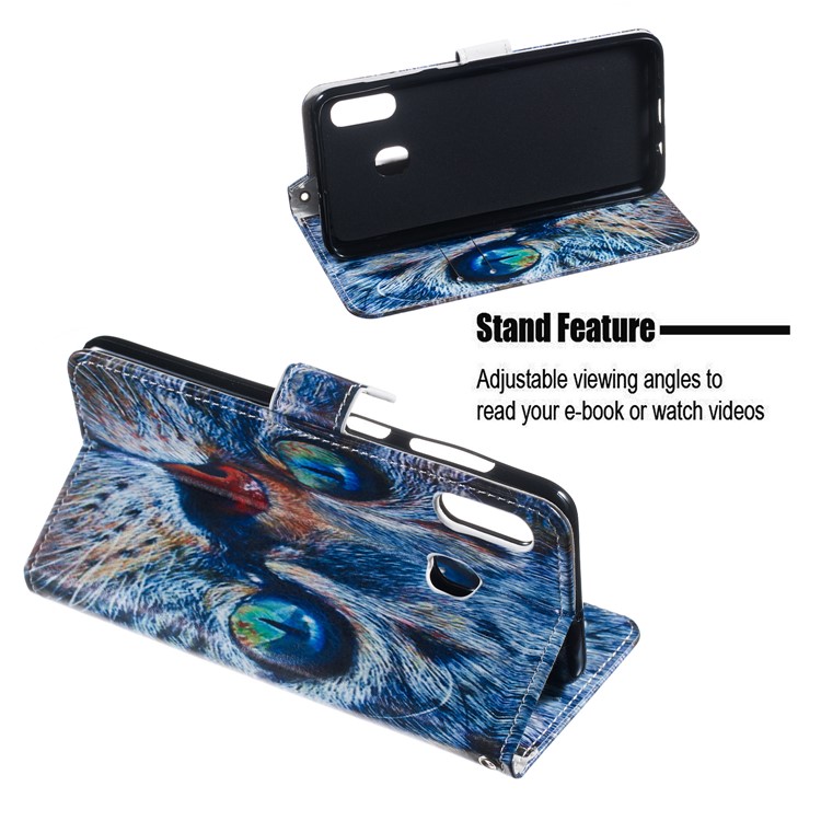 Shock-proof Pattern Printing Wallet Leather Phone Shell with Strap for Samsung Galaxy A20e - Blue Cat Face-5