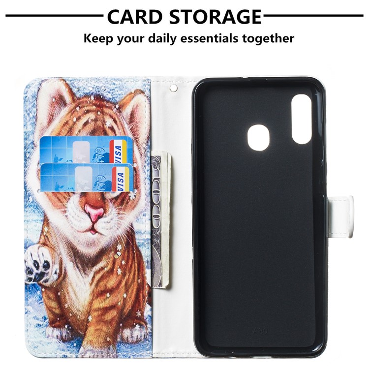 Shock-proof Pattern Printing Wallet Leather Phone Shell with Strap for Samsung Galaxy A20e - Baby Tiger-3