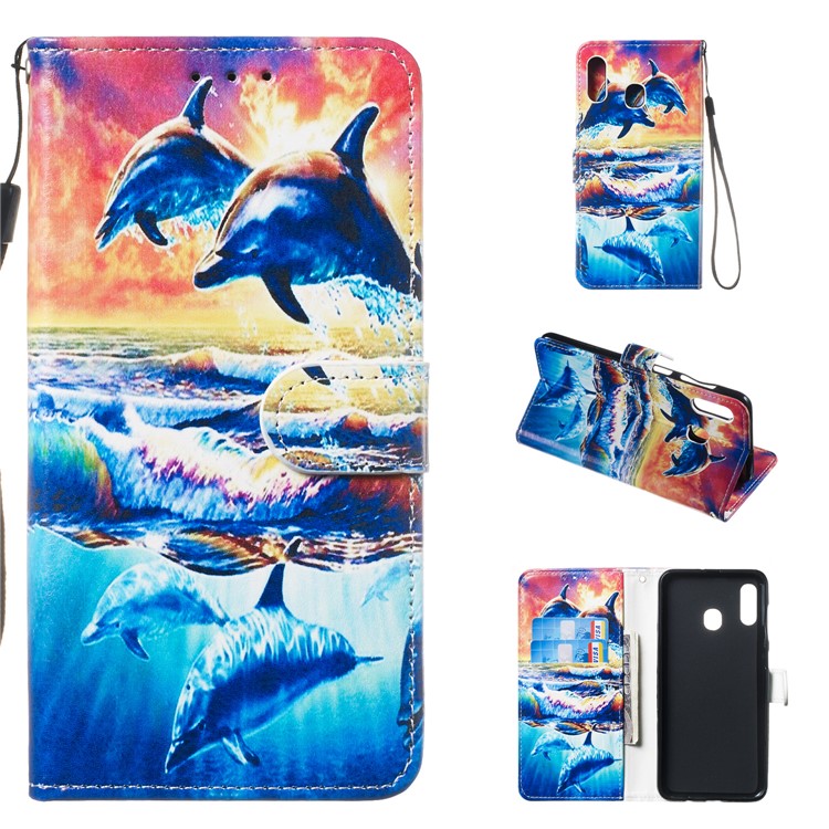 Shock-proof Pattern Printing Wallet Leather Phone Shell with Strap for Samsung Galaxy A20e - Dolphins-1