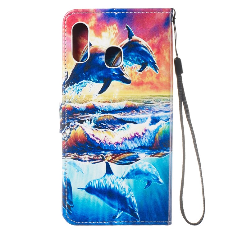 Shock-proof Pattern Printing Wallet Leather Phone Shell with Strap for Samsung Galaxy A20e - Dolphins-4