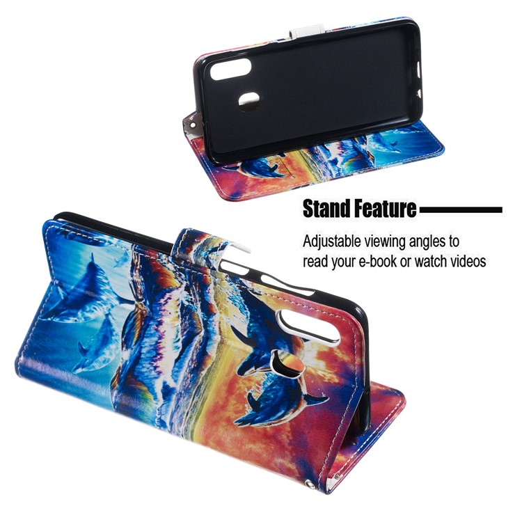 Shock-proof Pattern Printing Wallet Leather Phone Shell with Strap for Samsung Galaxy A20e - Dolphins-5