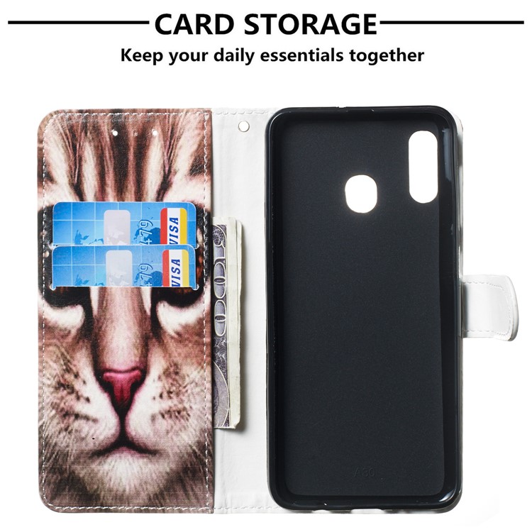 Guscio Del Telefono In Pelle Con Motivo Stampato Antiurto E Cinturino Per Samsung Galaxy A20e - Faccia Di Gatto Marrone-3