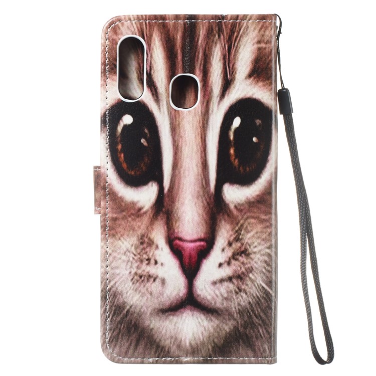 Guscio Del Telefono In Pelle Con Motivo Stampato Antiurto E Cinturino Per Samsung Galaxy A20e - Faccia Di Gatto Marrone-4