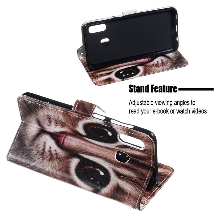 Guscio Del Telefono In Pelle Con Motivo Stampato Antiurto E Cinturino Per Samsung Galaxy A20e - Faccia Di Gatto Marrone-5