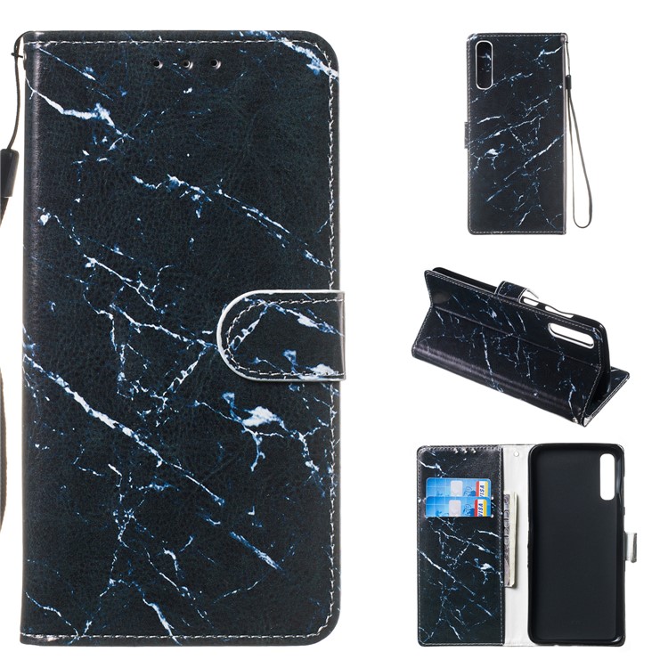 Anti-fall Pattern Printing Stand Wallet Leather Protective Case with Strap for Samsung Galaxy A70 - Black Stone Grain-1