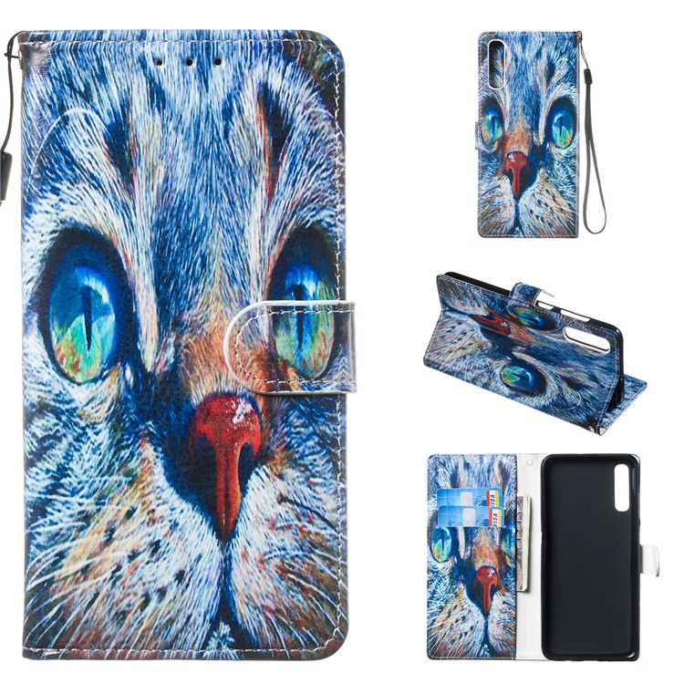 Anti-fall Pattern Printing Stand Wallet Leather Protective Case with Strap for Samsung Galaxy A70 - Blue Cat Face-1
