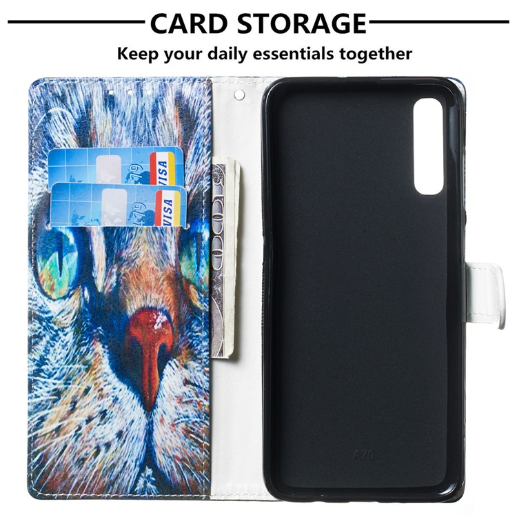 Anti-fall Pattern Printing Stand Wallet Leather Protective Case with Strap for Samsung Galaxy A70 - Blue Cat Face-3