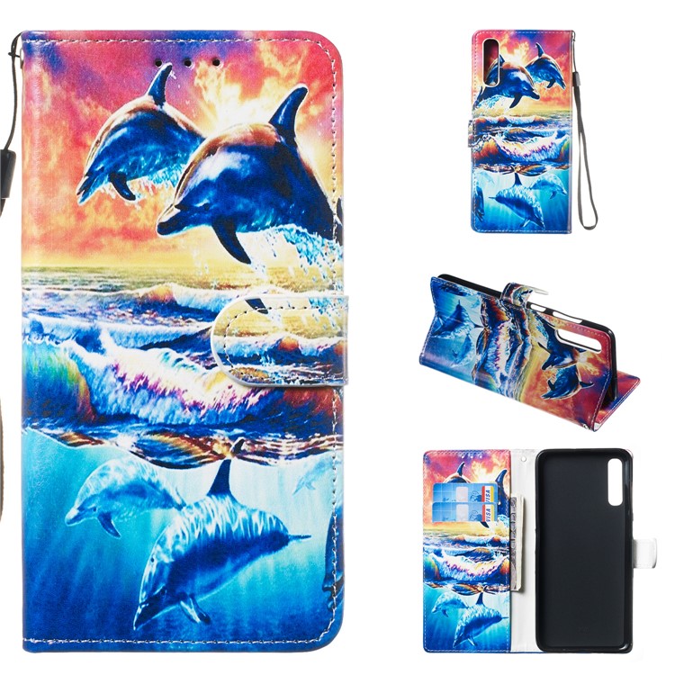 Anti-fall Pattern Printing Stand Wallet Leather Protective Case with Strap for Samsung Galaxy A70 - Dolphins-1