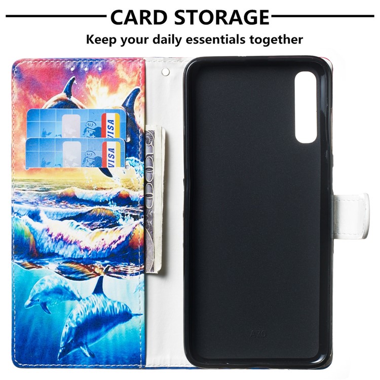 Anti-fall Pattern Printing Stand Wallet Leather Protective Case with Strap for Samsung Galaxy A70 - Dolphins-3