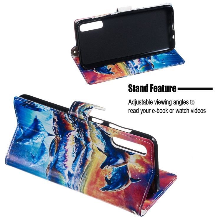 Anti-fall Pattern Printing Stand Wallet Leather Protective Case with Strap for Samsung Galaxy A70 - Dolphins-5