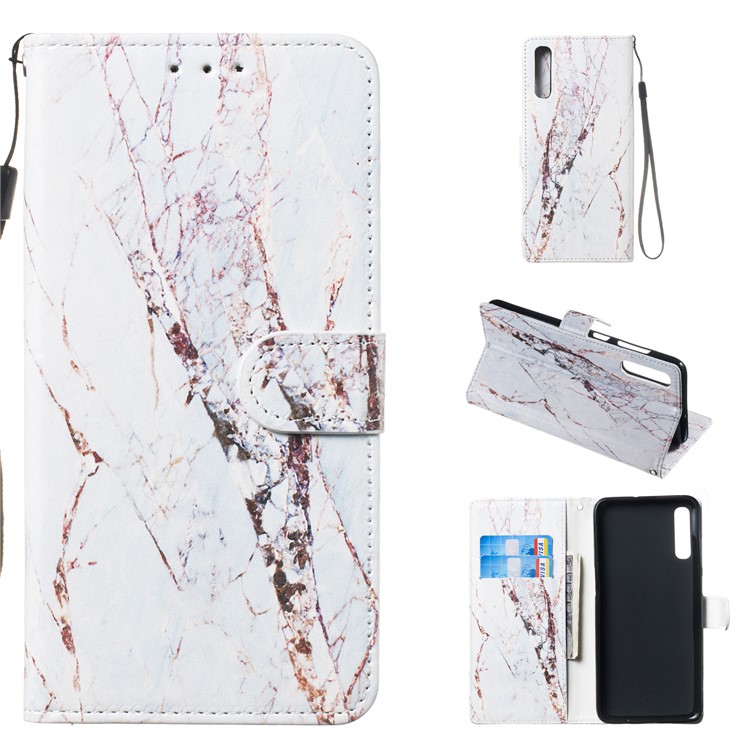 Anti-fall Pattern Printing Stand Wallet Leather Protective Case with Strap for Samsung Galaxy A70 - Marble Grain-1