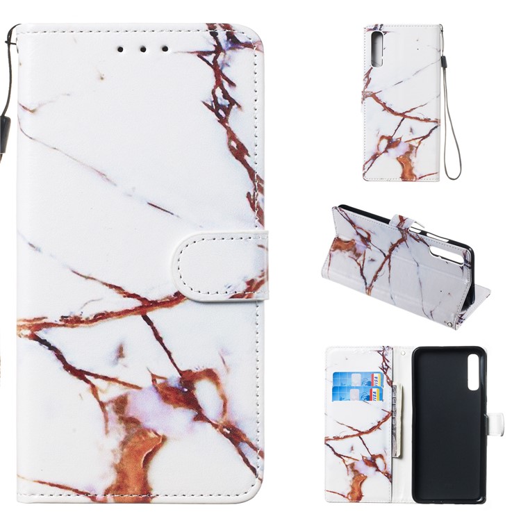 Anti-fall Pattern Printing Stand Wallet Leather Protective Case with Strap for Samsung Galaxy A70 - Brown Stone Grain-1