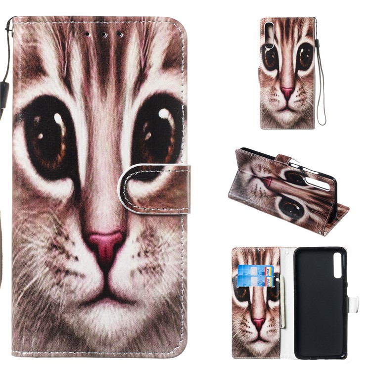 Anti-fall Pattern Printing Stand Wallet Leather Protective Case with Strap for Samsung Galaxy A70 - Brown Cat Face-1