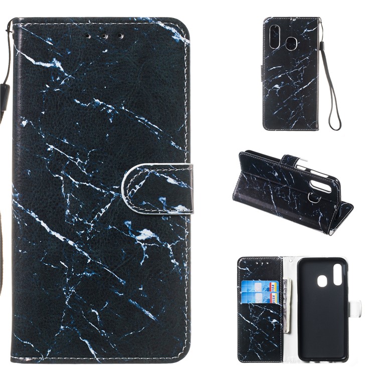 Pattern Printing Wallet Stand Leather Flip Phone Case with Strap for Samsung Galaxy A40 - Black Stone Grain-1
