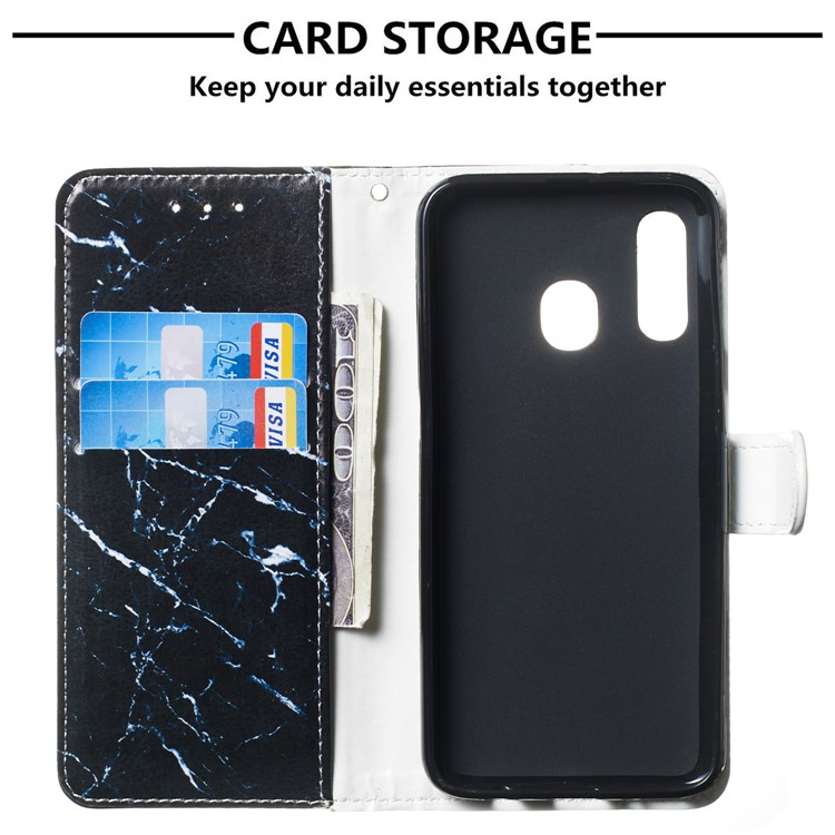 Pattern Printing Wallet Stand Leather Flip Phone Case with Strap for Samsung Galaxy A40 - Black Stone Grain-3