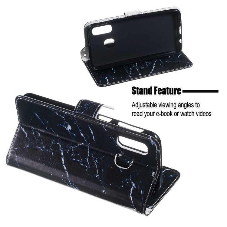 Pattern Printing Wallet Stand Leather Flip Phone Case with Strap for Samsung Galaxy A40 - Black Stone Grain-5