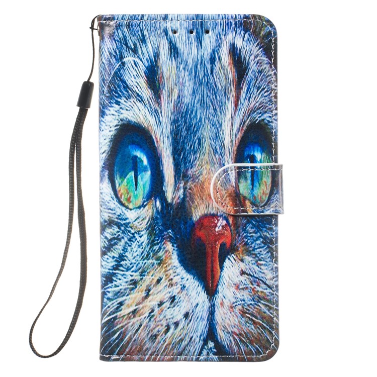 Pattern Printing Wallet Stand Leather Flip Phone Case with Strap for Samsung Galaxy A40 - Blue Cat Face-2