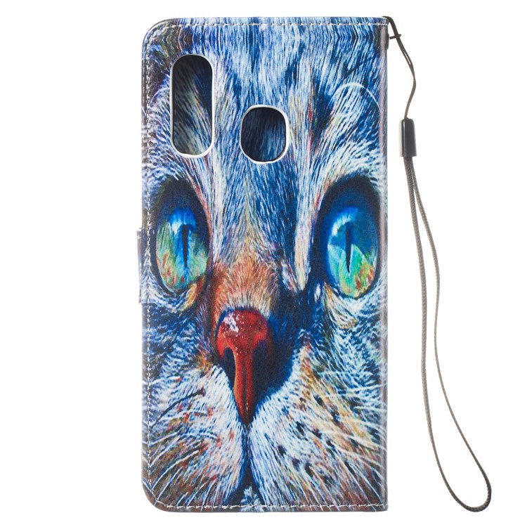 Pattern Printing Wallet Stand Leather Flip Phone Case with Strap for Samsung Galaxy A40 - Blue Cat Face-4