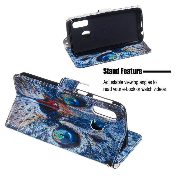 Pattern Printing Wallet Stand Leather Flip Phone Case with Strap for Samsung Galaxy A40 - Blue Cat Face-5