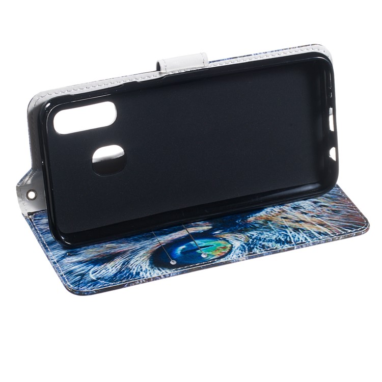 Pattern Printing Wallet Stand Leather Flip Phone Case with Strap for Samsung Galaxy A40 - Blue Cat Face-6