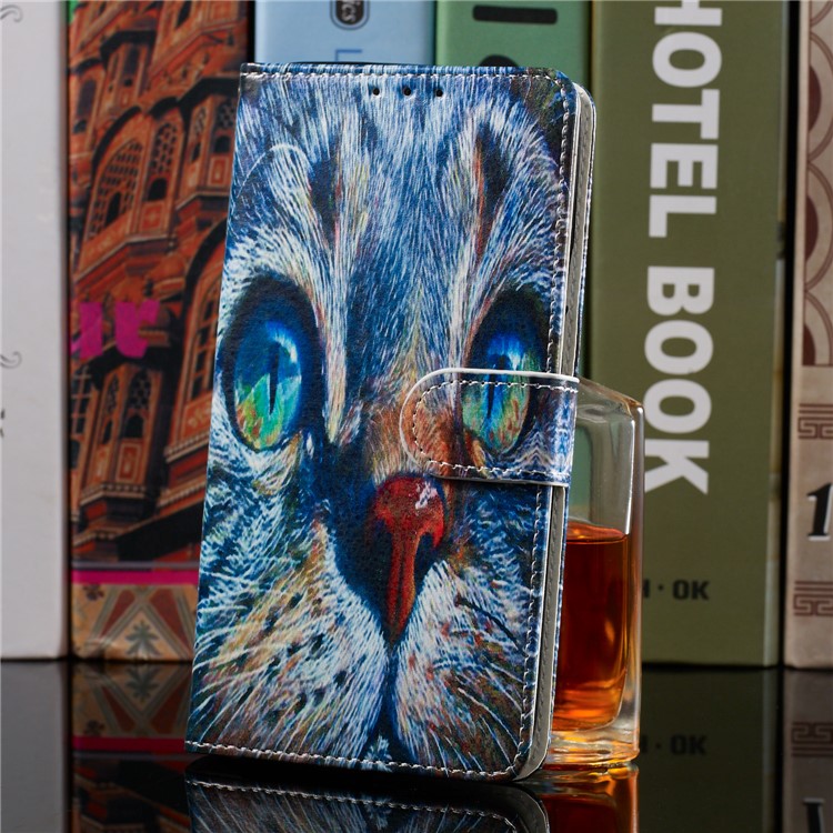 Pattern Printing Wallet Stand Leather Flip Phone Case with Strap for Samsung Galaxy A40 - Blue Cat Face-9