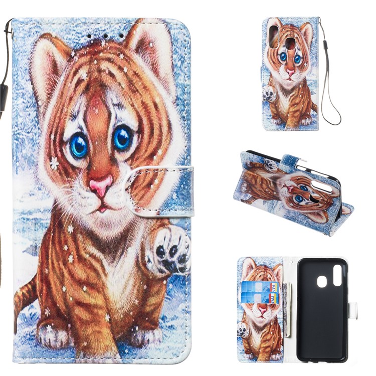 Pattern Printing Wallet Stand Leather Flip Phone Case with Strap for Samsung Galaxy A40 - Baby Tiger-1