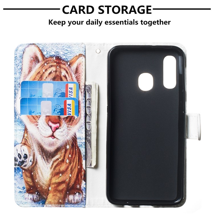 Pattern Printing Wallet Stand Leather Flip Phone Case with Strap for Samsung Galaxy A40 - Baby Tiger-3