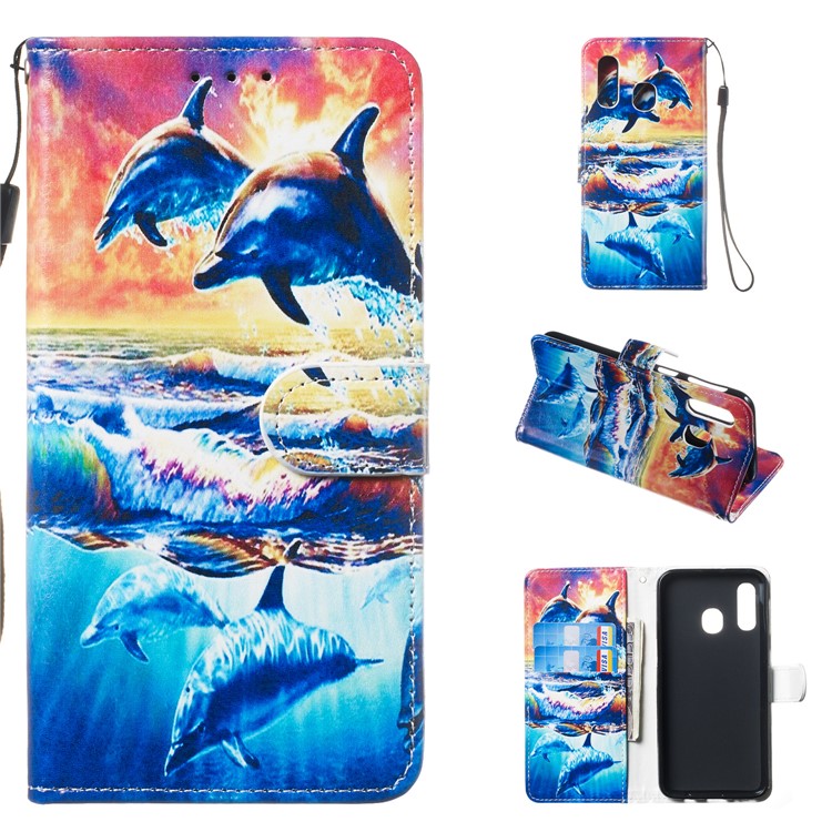 Pattern Printing Wallet Stand Leather Flip Phone Case with Strap for Samsung Galaxy A40 - Dolphin-1