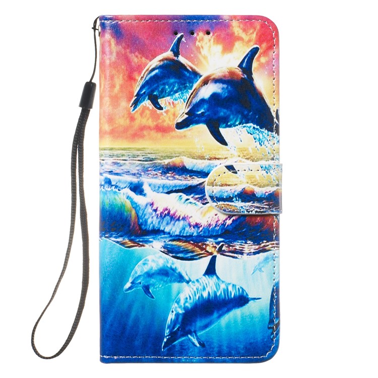 Pattern Printing Wallet Stand Leather Flip Phone Case with Strap for Samsung Galaxy A40 - Dolphin-2