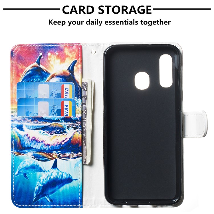 Pattern Printing Wallet Stand Leather Flip Phone Case with Strap for Samsung Galaxy A40 - Dolphin-3