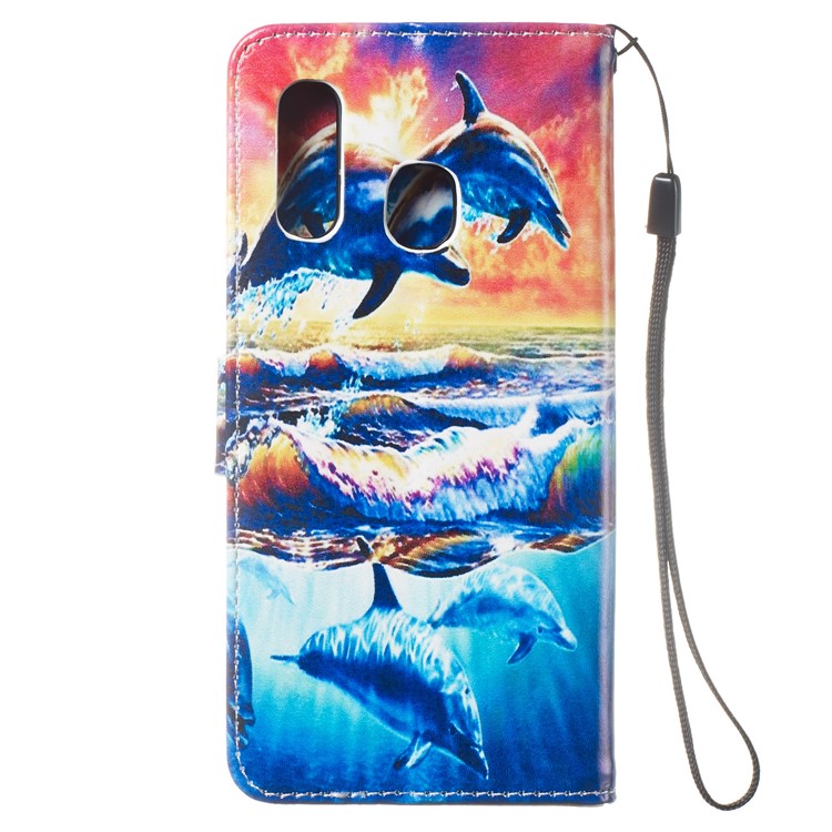 Pattern Printing Wallet Stand Leather Flip Phone Case with Strap for Samsung Galaxy A40 - Dolphin-4