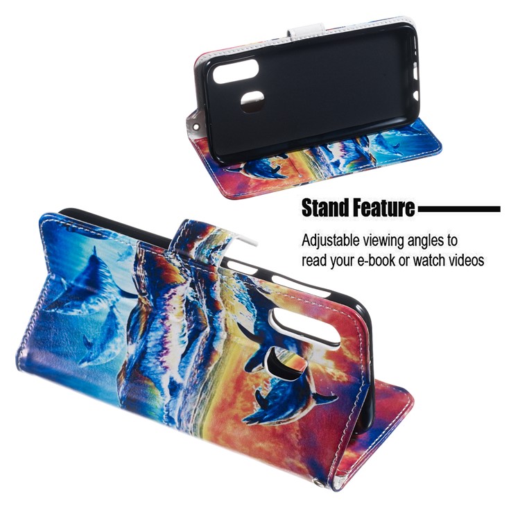 Pattern Printing Wallet Stand Leather Flip Phone Case with Strap for Samsung Galaxy A40 - Dolphin-5