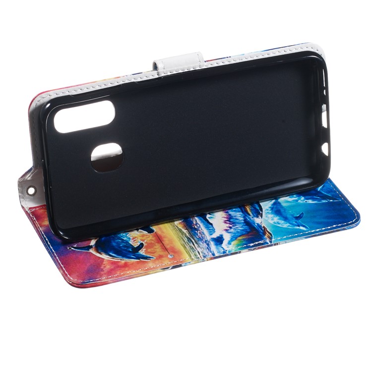 Pattern Printing Wallet Stand Leather Flip Phone Case with Strap for Samsung Galaxy A40 - Dolphin-6