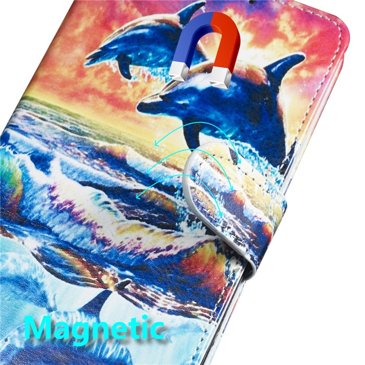 Pattern Printing Wallet Stand Leather Flip Phone Case with Strap for Samsung Galaxy A40 - Dolphin-7