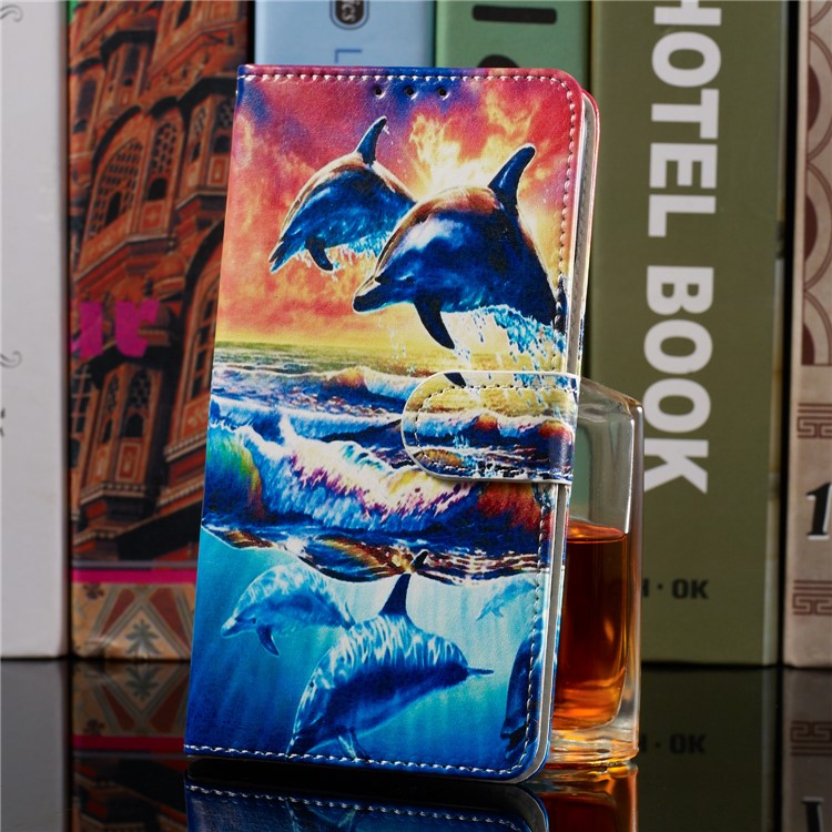 Pattern Printing Wallet Stand Leather Flip Phone Case with Strap for Samsung Galaxy A40 - Dolphin-9