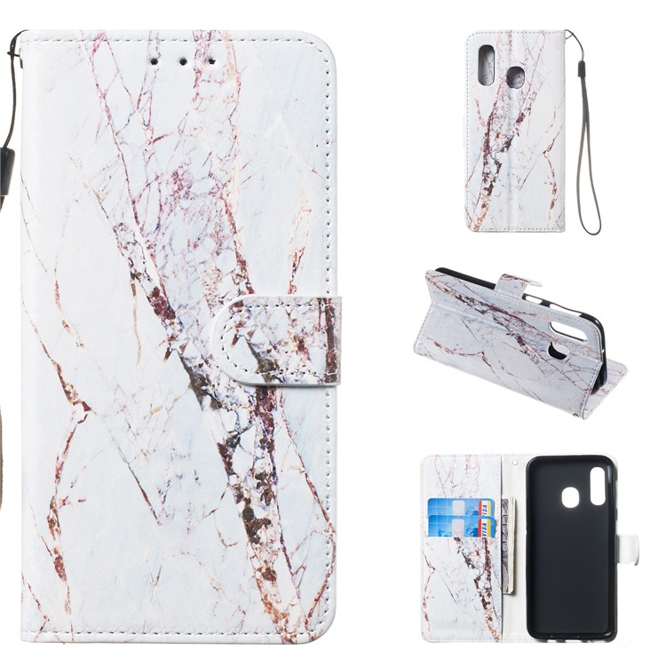 Pattern Printing Wallet Stand Leather Flip Phone Case with Strap for Samsung Galaxy A40 - Marble Grain-1