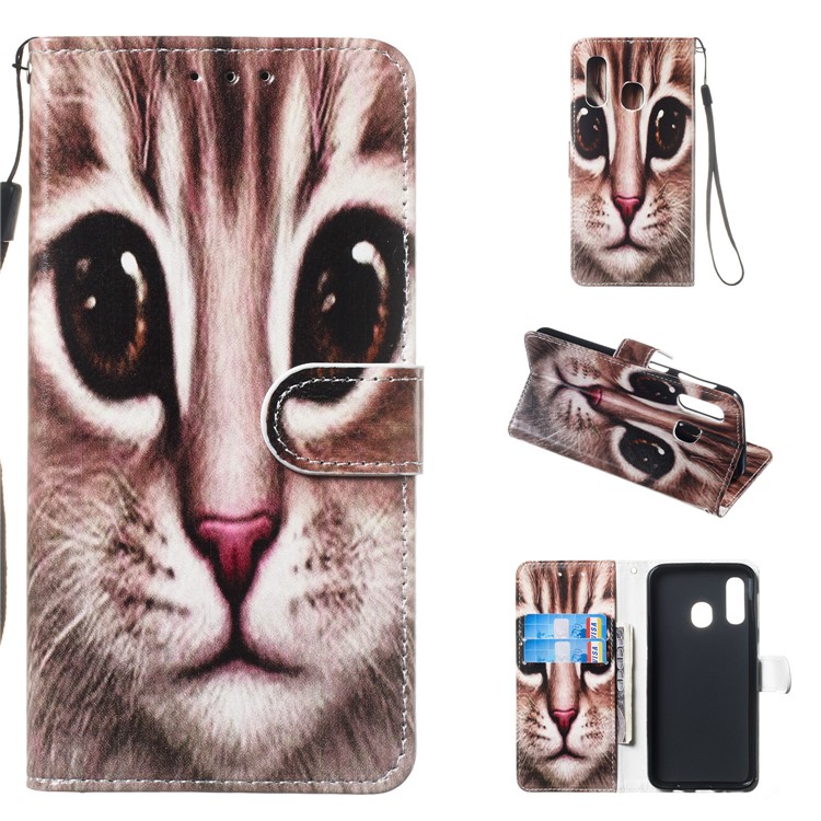 Pattern Printing Wallet Stand Leather Flip Phone Case with Strap for Samsung Galaxy A40 - Brown Cat Face-1