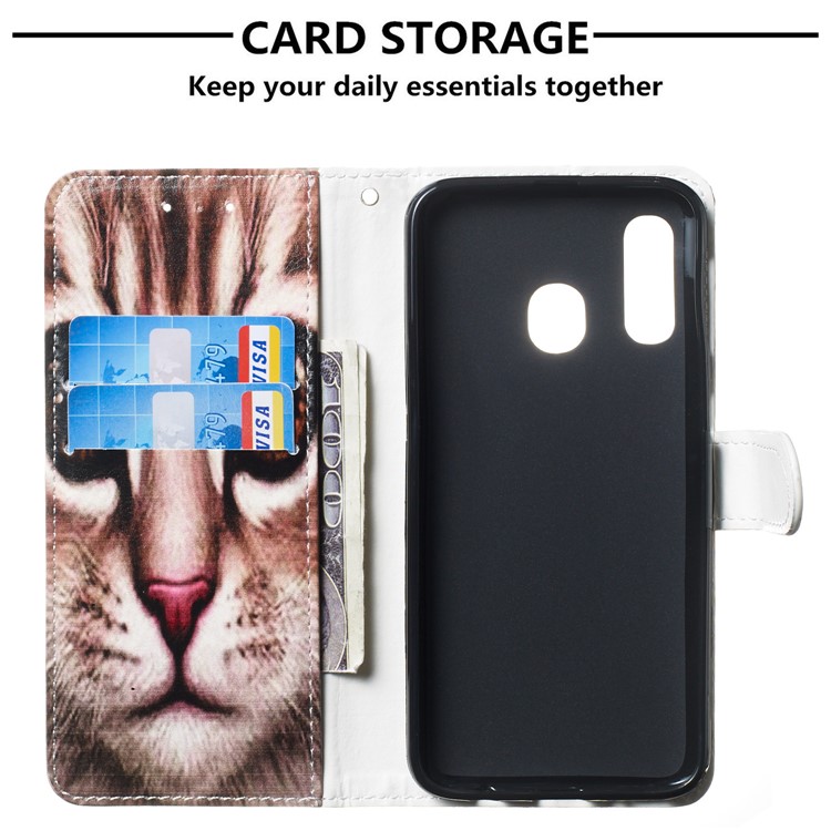 Pattern Printing Wallet Stand Leather Flip Phone Case with Strap for Samsung Galaxy A40 - Brown Cat Face-3