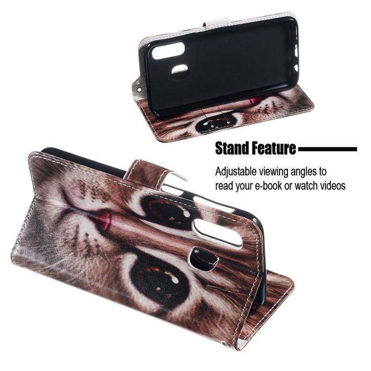 Pattern Printing Wallet Stand Leather Flip Phone Case with Strap for Samsung Galaxy A40 - Brown Cat Face-5