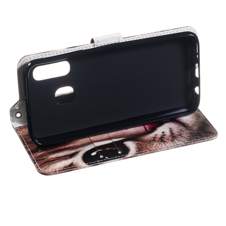 Pattern Printing Wallet Stand Leather Flip Phone Case with Strap for Samsung Galaxy A40 - Brown Cat Face-6