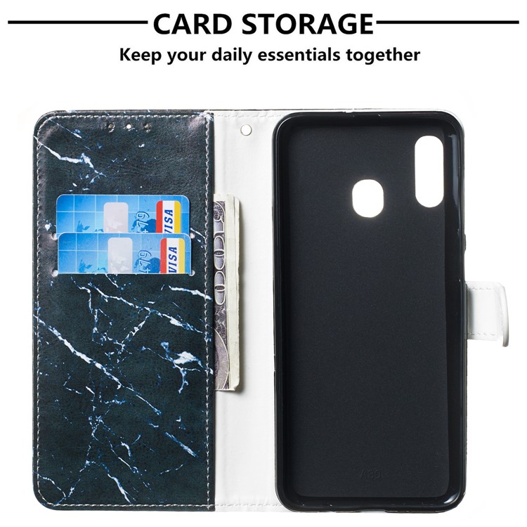 Case for Samsung Galaxy, Shock-proof Pattern Printing Wallet Leather Phone Shell with Strap for Samsung Galaxy A20/A30- Black Stone Grain-3