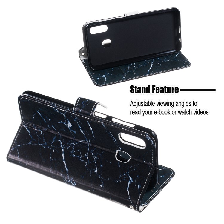 Case for Samsung Galaxy, Shock-proof Pattern Printing Wallet Leather Phone Shell with Strap for Samsung Galaxy A20/A30- Black Stone Grain-5