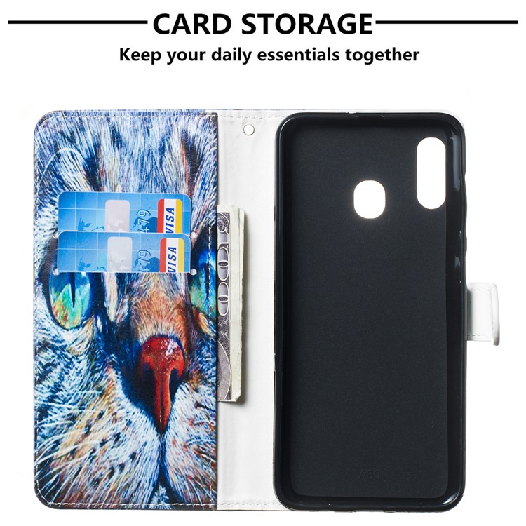 Case for Samsung Galaxy, Shock-proof Pattern Printing Wallet Leather Phone Shell with Strap for Samsung Galaxy A20/A30- Blue Cat Face-3