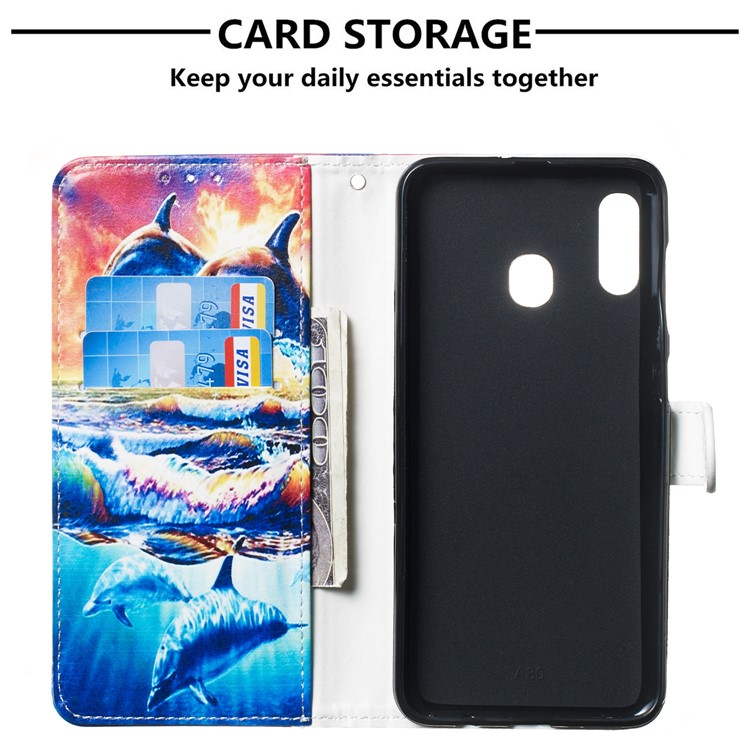 Case for Samsung Galaxy, Shock-proof Pattern Printing Wallet Leather Phone Shell with Strap for Samsung Galaxy A20/A30- Dolphins-3
