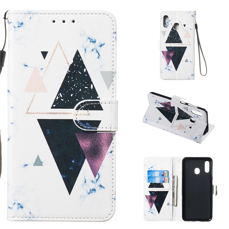 Case for Samsung Galaxy, Shock-proof Pattern Printing Wallet Leather Phone Shell with Strap for Samsung Galaxy A20/A30- Triangle and Stone Grain-1