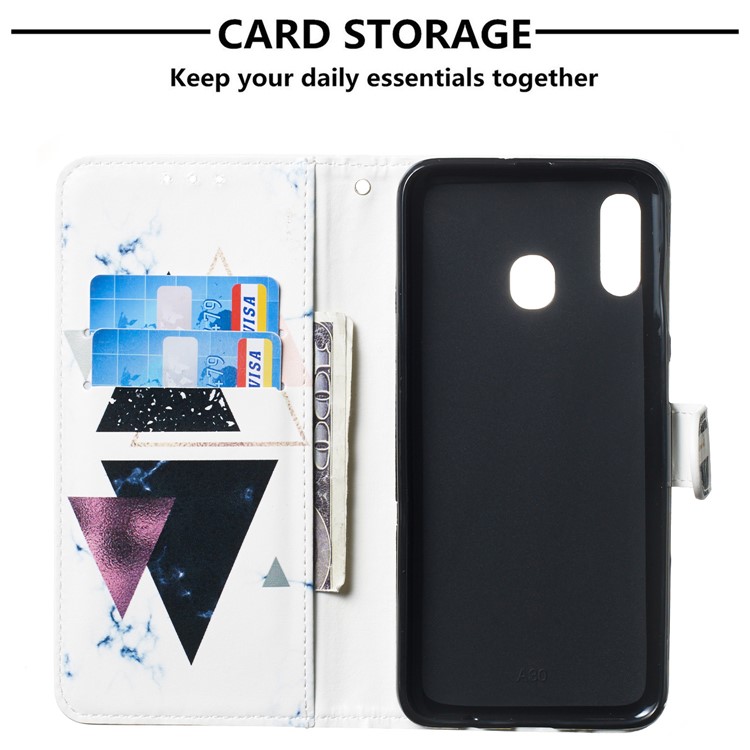 Case for Samsung Galaxy, Shock-proof Pattern Printing Wallet Leather Phone Shell with Strap for Samsung Galaxy A20/A30- Triangle and Stone Grain-3