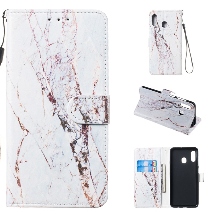 Case for Samsung Galaxy, Shock-proof Pattern Printing Wallet Leather Phone Shell with Strap for Samsung Galaxy A20/A30- Marble Grain-1