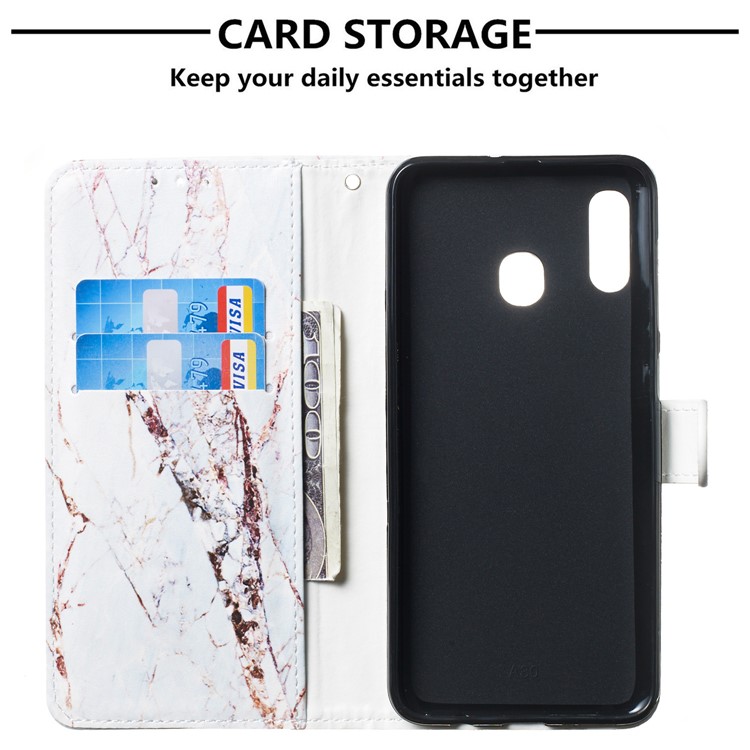 Case for Samsung Galaxy, Shock-proof Pattern Printing Wallet Leather Phone Shell with Strap for Samsung Galaxy A20/A30- Marble Grain-3