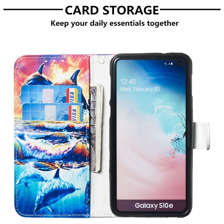 Estojo De Couro Carteira De Impressão Padrão Estande Para Samsung Galaxy S10e - Golfinho-3